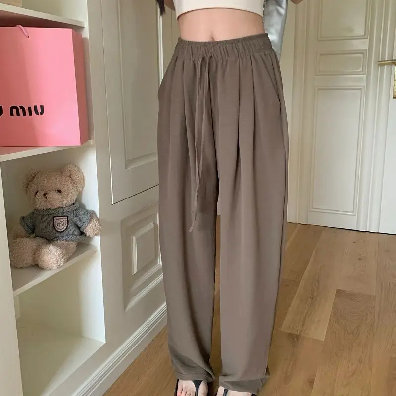 Yamamoto Ice Silk Wide-Leg Pants for Women, Summer Thin High-Waist Draped Pleated Loose Straight Lazy Casual Pants