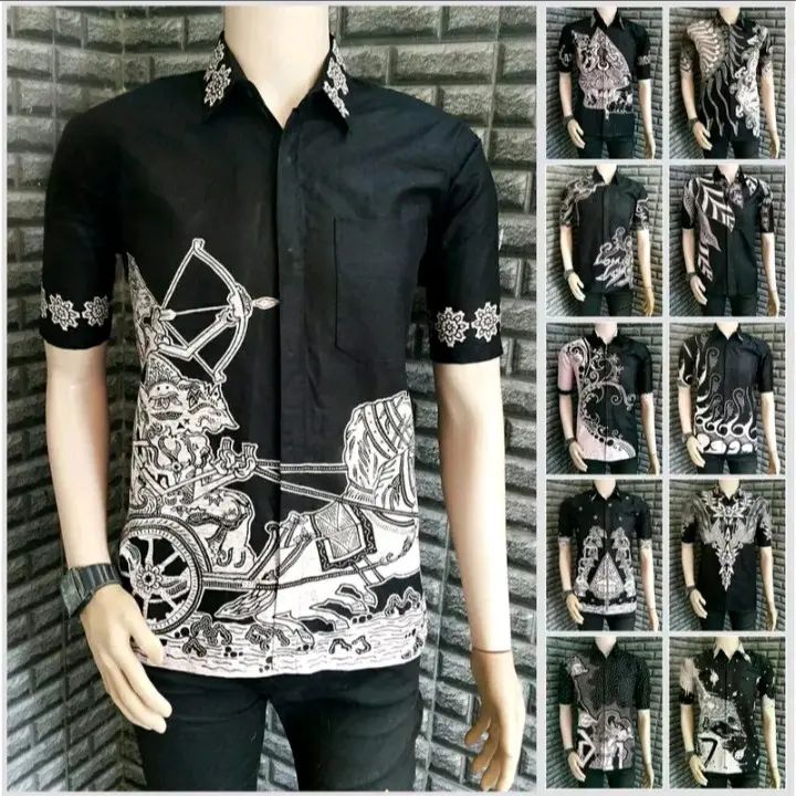 Kemeja Batik Pria Lengan Pendek Terbaru Motif Hitam Putihh Katun Pekalongan Seragam - Hem, Kerah, Santai, Casual, Nyaman, Panjang, Baju, Keren