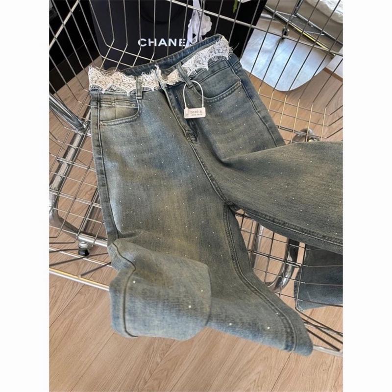 Quần Jean Ống Suông Đính Ren Đá Zozo Thiết Kế Túi Rách tocjean