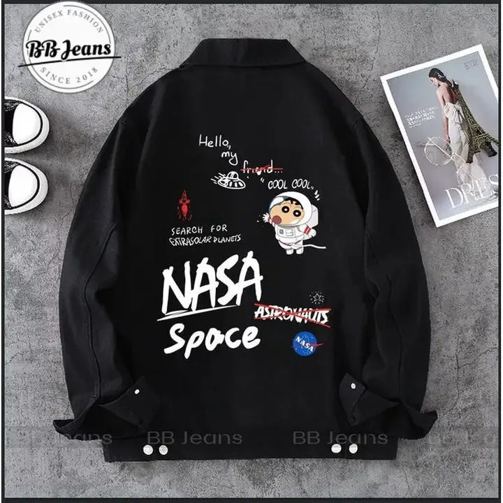 [cao cấp] Áo khoác jean đen nam nữ Nasa hành tinh mới - áo đen in AST hót trend 2024 FORM RỘNG BB JEANS Nhung Menswear Jacket Cổ Tròn