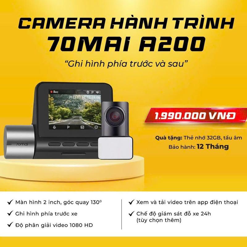 Camera hành trình 70mai A200 - Góc quay 130 độ, ghi hình cả trước và sau - Giám sát đỗ xe 24h 0