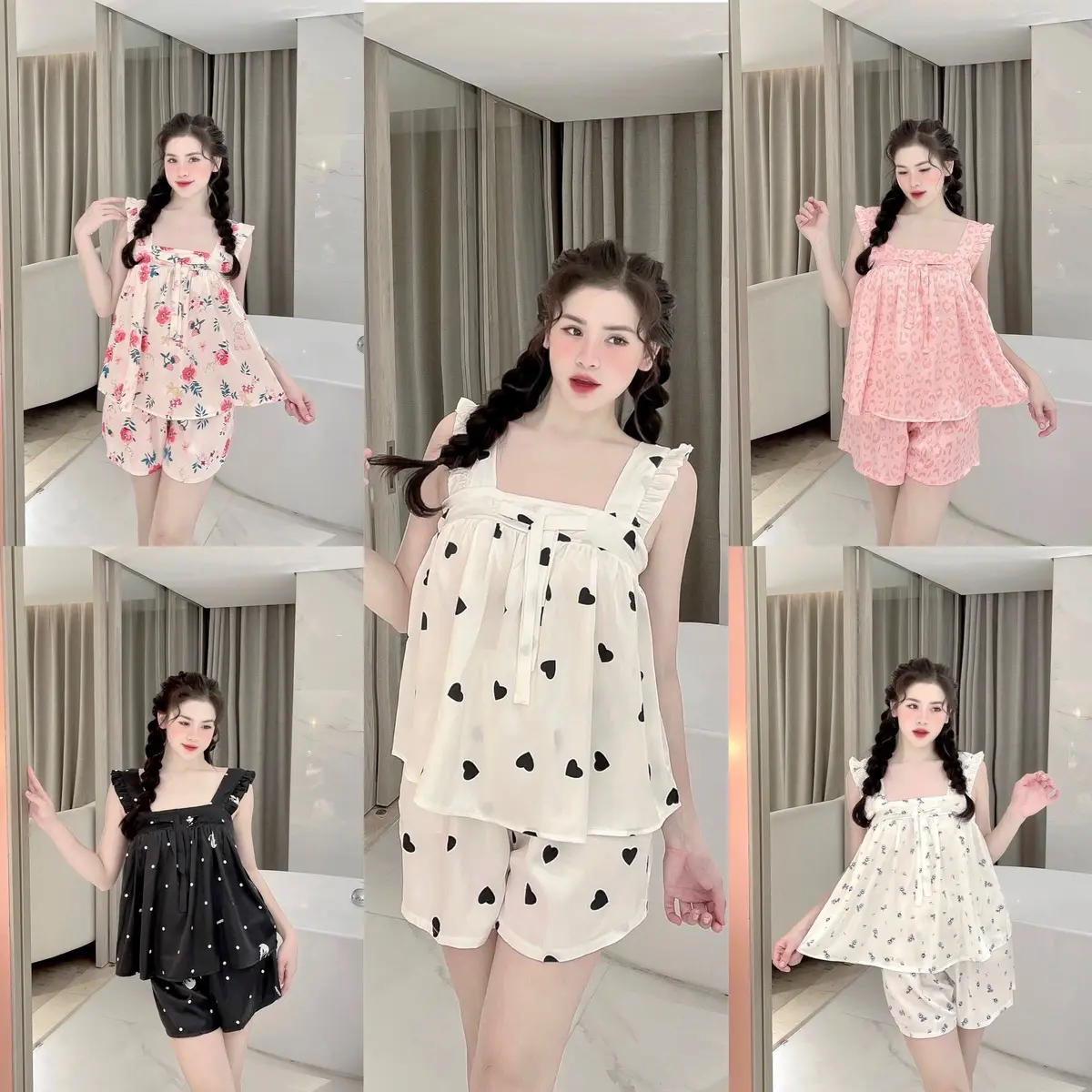 Bộ Lụa Latin kiểu dáng Cánh tiên Chất vải Latin mềm quần cộc nhiều mẫu mã < 60kg Nữ Nhung Áo Ngủ