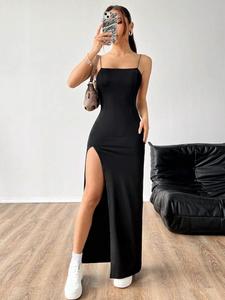 Vestido camisola sólido sin espalda con abertura en el muslo, elegante vestido largo sin mangas para fiestas, clubes y citas, ropa de verano para damas