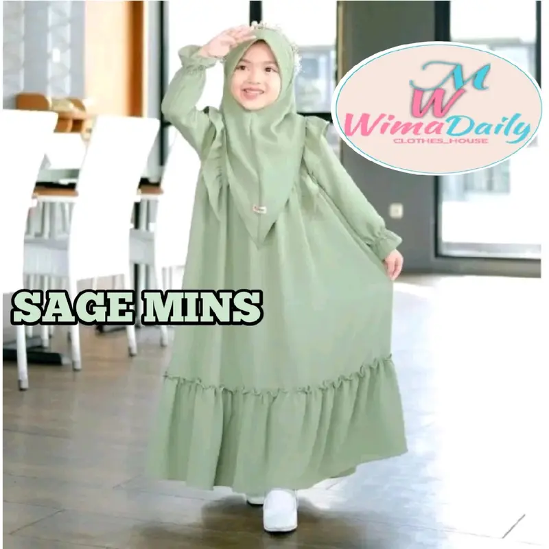 WIMA_id Set Gamis Anak Marwah Polos Hitam Putih dengan Hijab Crinkle Airflow Nyaman Simple Lebaran Muslim Baju Syari Dress Tanggung Cantik Lembut Model 2025 Baju Gamis Anak Satu Set Jilbab 6