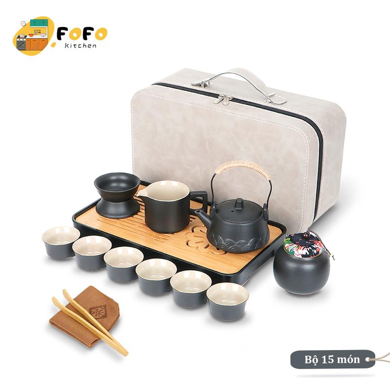 Bộ ấm chén uống trà gốm sứ 15 món Bộ ấm trà du lịch Bộ bình trà cao cấp Bộ ấm pha trà cổ điển Kèm khay và túi xách FOFO
