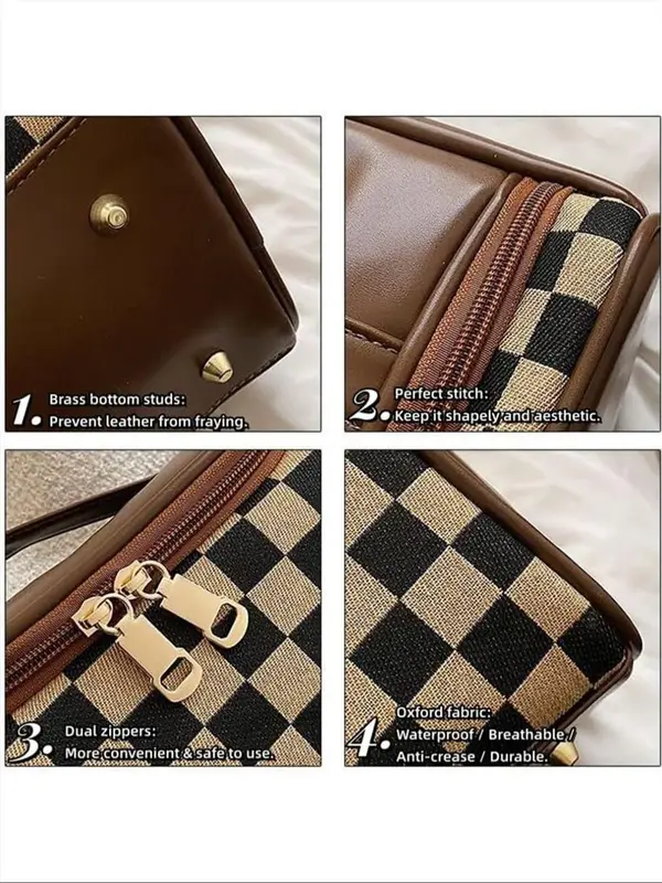 Women's Fashionable Plaid Pattern Handbag, Large Capacity Cosmetic Bag, Portable Toiletry Bag, Casual Trendy Versatile High-quality Daily Commuting Bag 8