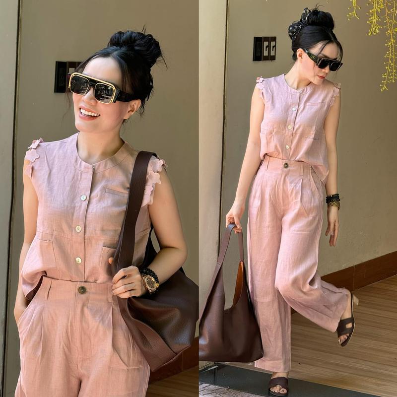 Sét Áo Ngắn Tay Áo Sát Nách Kèm Quần Nữ Linen Dài Qua Gối Quần Dáng Suông Nữ Màu Hồng Hường Cài Hoa,Đi Biển Đi Chơi Du Lịch S862 Women Kem Top Kaki set thường bộ