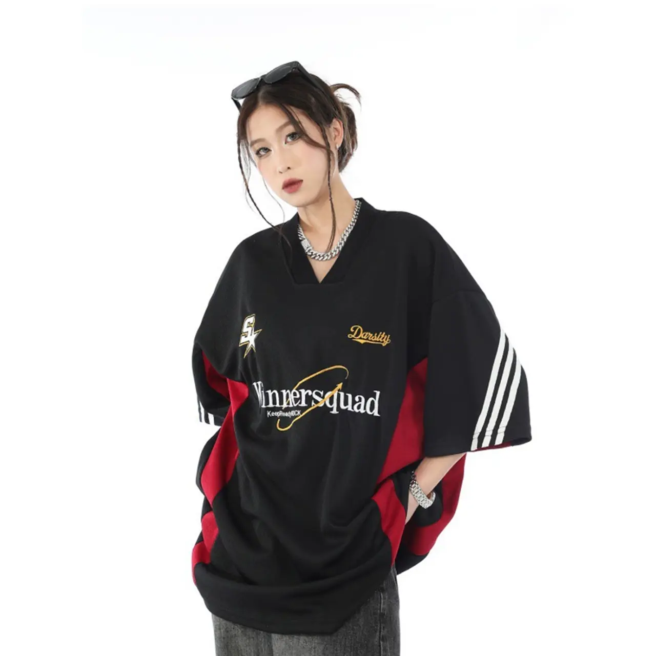 Summer American Retro V-Neck Embroidered Black Women's Short Sleeves Korean All-Match Blue Men's Tops Hong Kong Style Loose INS Niche Design Couple Style Contrast Color Stitching T-Shirt