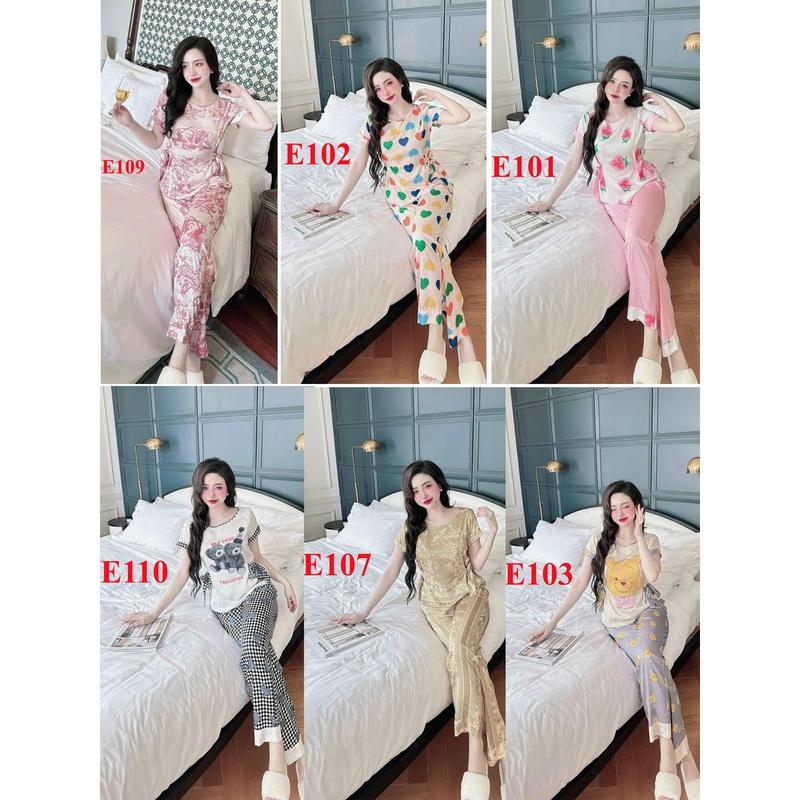 [lụa latin] Đồ bộ pijama nữ lụa mặc nhà , bộ ngủ lụa latin quần dài áo tay ngắn cổ tròn thắt nơ eo
