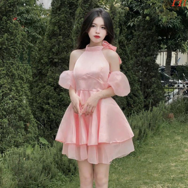 Váy công chúa cổ yếm NƠ khoét vai tay bồng chất voan tơ lụa 2 lớp (X1) Nữ Top Voi Màu Hồng Voi Màu Hồng