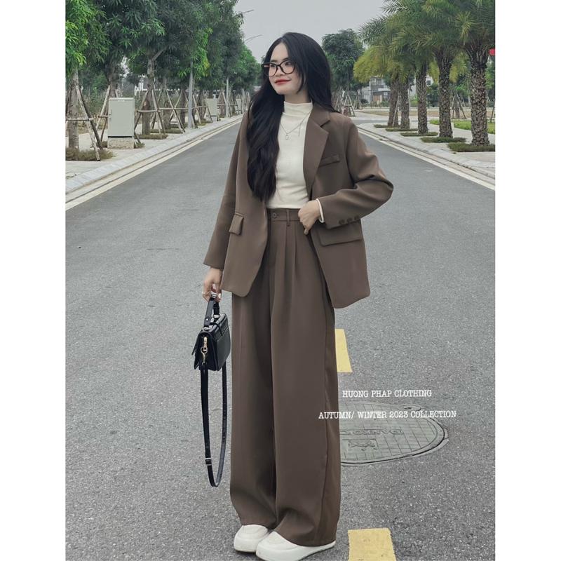 SET VEST DÀI TAY Nữ ÁO BLAZER MÀU NÂU ĐẬM CÙNG QUẦN ỐNG XUÔNG ĐỨNG FORM HÀNG QC LOẠI 1 BY HUONGPHAPCLOTHING