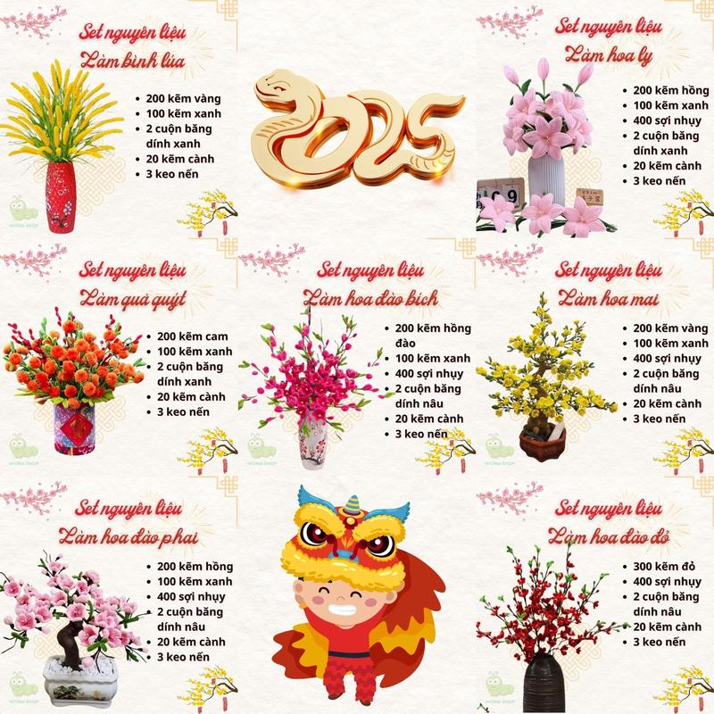 SET NGUYÊN LIỆU KẼM NHUNG LÀM CÀNH ĐÀO ĐỎ HOA ĐÀO HỒNG HOA MAI VÀNG HOA LY BÔNG LÚA ĐỂ BÀN - DIY BỘ PHỤ KIỆN TRANG TRÍ TẾT