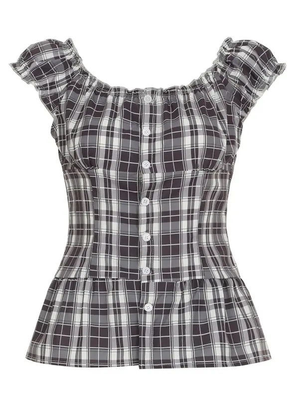 Women's Plaid Print Shirt, Casual Slim-fitting Short Sleeve Top for Summer, Ladies Clothes for Daily Wear 2