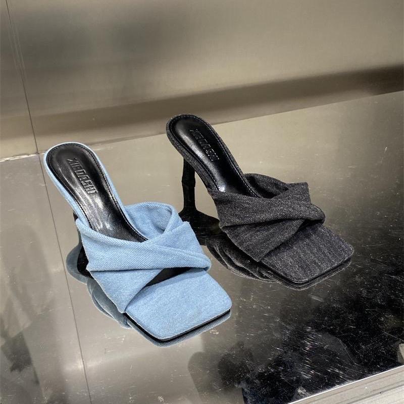 (SALE) Dép cao gót mũi vuông quai chéo chất liệu bò denim thời trang nữ TN19