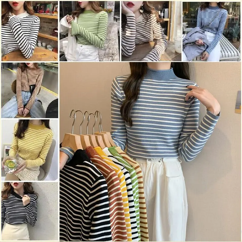Bellastyle Inner Rajut Turtleneck Lengan Panjang Model Terbaru | Dalaman Hijab | Atasan Wanita Rajut | Baju Stripe Fit Tangan Panjang | Top High Knitwear F2102/F2107 0