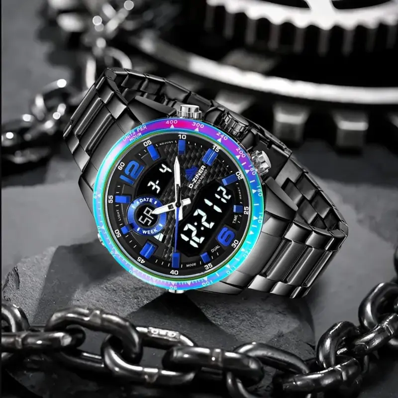 DISKON Jam tangan Pria 8306 Double Time Rantai Stainless Steel Water Resistant 3 ATM Kaca Watches 1