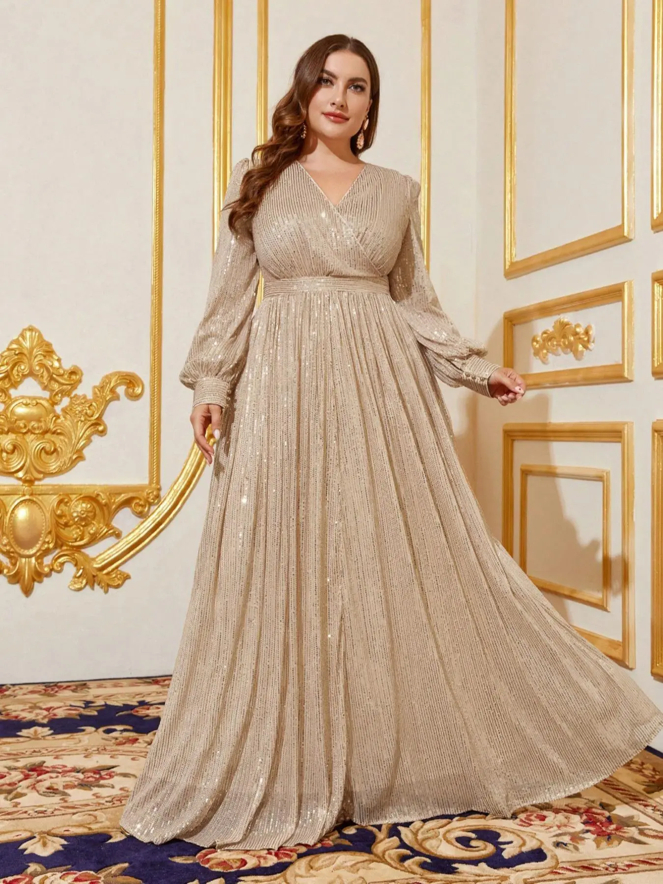 【Plus Size】 Glitter Sequin Ruched Wrap Ruffle V Neck A Line Evening Dress, Elegant Bishop Sleeve High Waist Maxi Dress for Party Banquet Wedding Guest, Women's Clothes for All Seasons