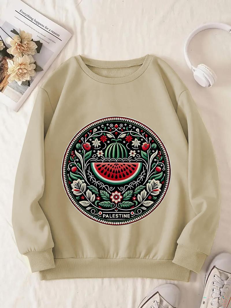 Product Introduction of Women's Watermelon & Letter Print Long Sleeve Sweatshirt, Fashion Casual Drop Shoulder Crew Neck Pullover for Daily Holiday Outdoor Wear, Ladies Fall & Winter Clothes 5