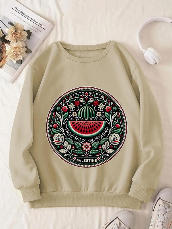 Women's Watermelon & Letter Print Long Sleeve Sweatshirt, Fashion Casual Drop Shoulder Crew Neck Pullover for Daily Holiday Outdoor Wear, Ladies Fall & Winter Clothes 4
