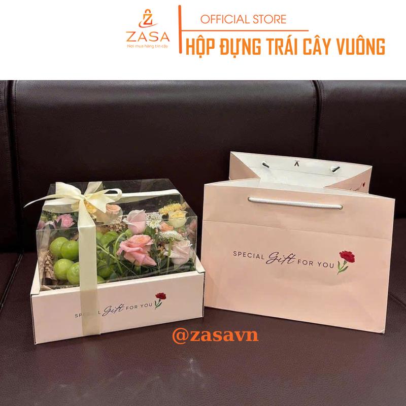 Bộ hộp (Khay + Túi giấy) vuông kích thước 25cm*25cm, hộp đựng trái cây, Nắp Mica Trong Suốt - Zasavn 4