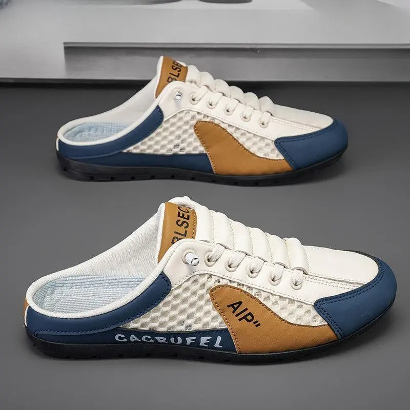 Sandals New Men's Shoes Summer Mesh Breathable Hole Sandals Men's Slip-on Lofter Heel-Free Closed-Toe Slippers