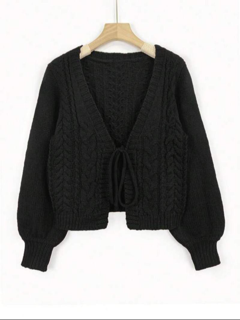 Product Introduction of 【Plus Size】 Solid Color Tie Front Lantern Sleeve Cardigan, Casual Long Sleeve Open Front Knitwear for Fall & Winter, Women's Plus Clothing for Daily Wear 9