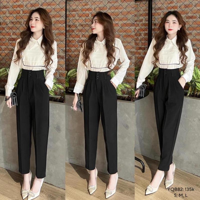 Quần tây nữ lưng cao dáng baggy cạp cao phối 3 khuy siêu tôn dáng chuẩn đẹp đứng form chất vải vitex dày dặn Ong Pants Women Voan