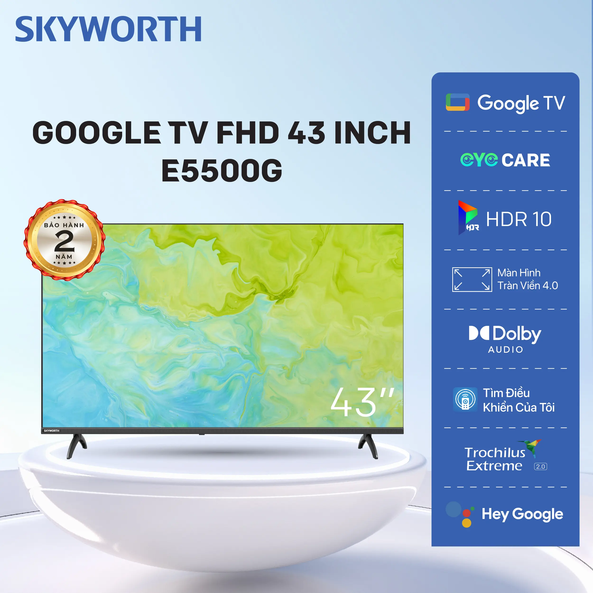 E5500G | FHD 43” Google TV SKYWORTH - Model 43E5500G - Điều Khiển Giọng Nói Bluetooth - Kho Tàng Ứng Dụng Google