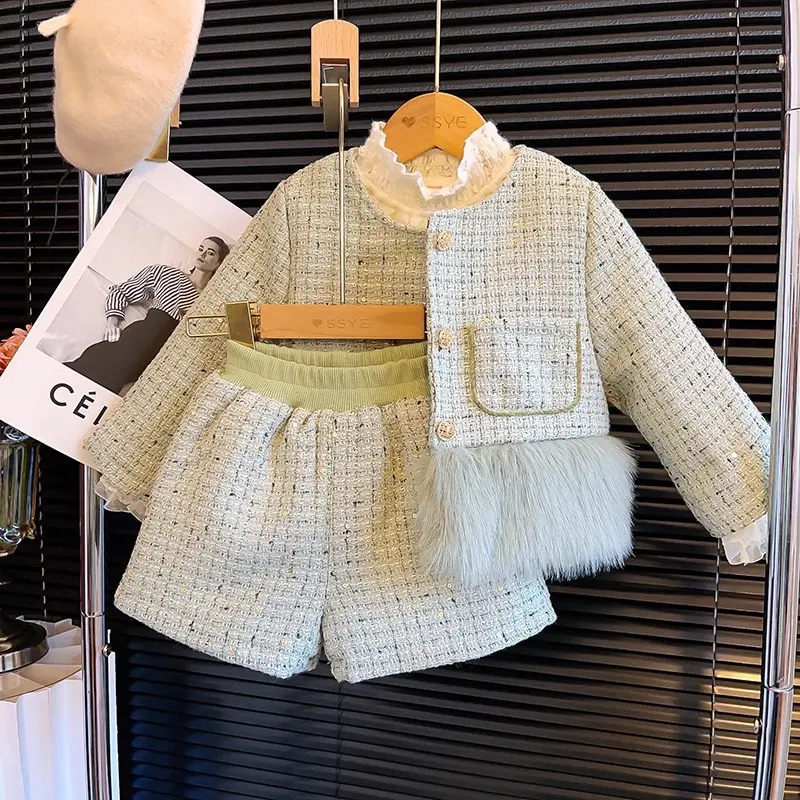 Set Bộ Áo Quần Dạ Tweed Phối Lông Sang Chảnh Bé Gái