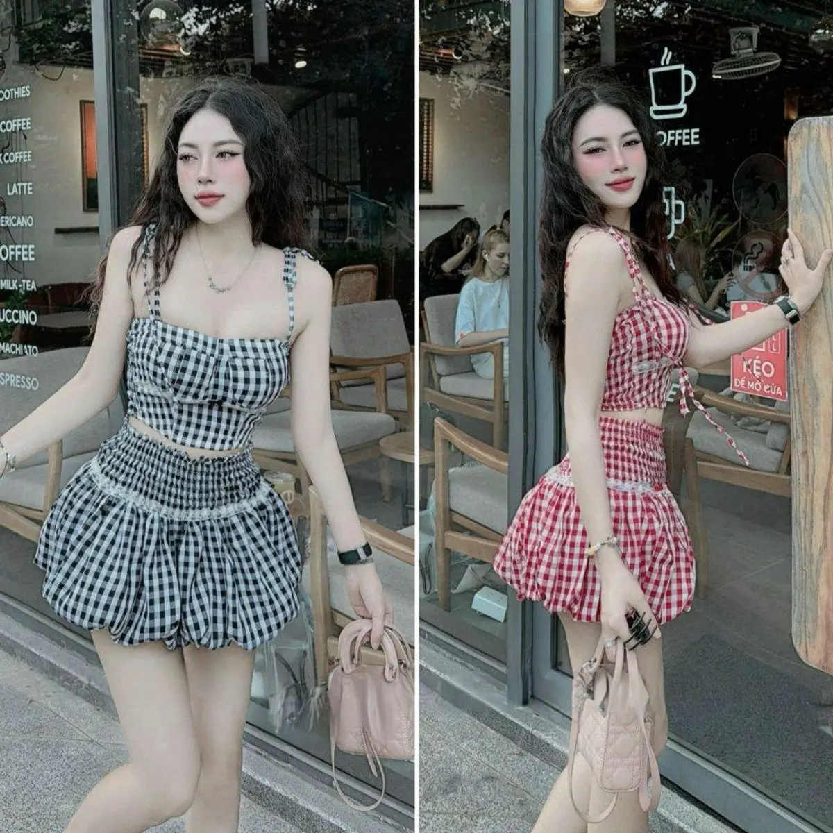 Set Áo Dây Nơ Caro Kèm Chân Váy Nhí Nhảnh - Bra Tích Hợp, Chất Liệu Kate Cao Cấp, Co Giãn 4 Chiều, Màu Đỏ Nổi Bật, Freesize Dưới 55kg, Thời Trang Nữ Trẻ Trung, Nữ Tính, Thoải Mái Kem Top Women