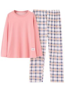 Plus Size 2 Pieces Long Sleeves Pajama Set, Elastic Nightwear Homewear, Lady Plaid Print Round Neck Tee & Pj Pants, Comfortable Loungewear Pyjama Set for Spring Fall Winter, Women's Modest Fashion Clothes, Soft Comfort Basic Womenswear Pajama Set