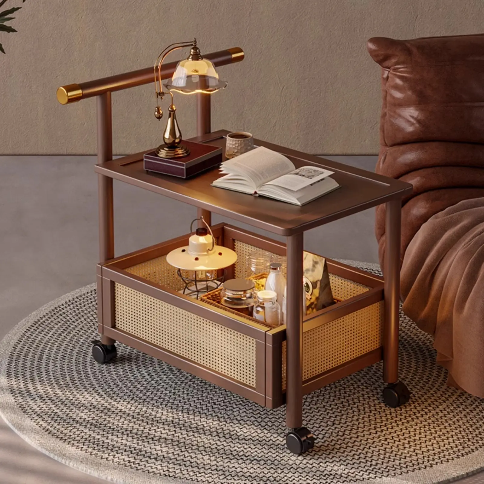 The sofa side table can be moved, the antique snack trolley in the side cabinet of the living room, the bedside shelf, the coffee table, and the small table.