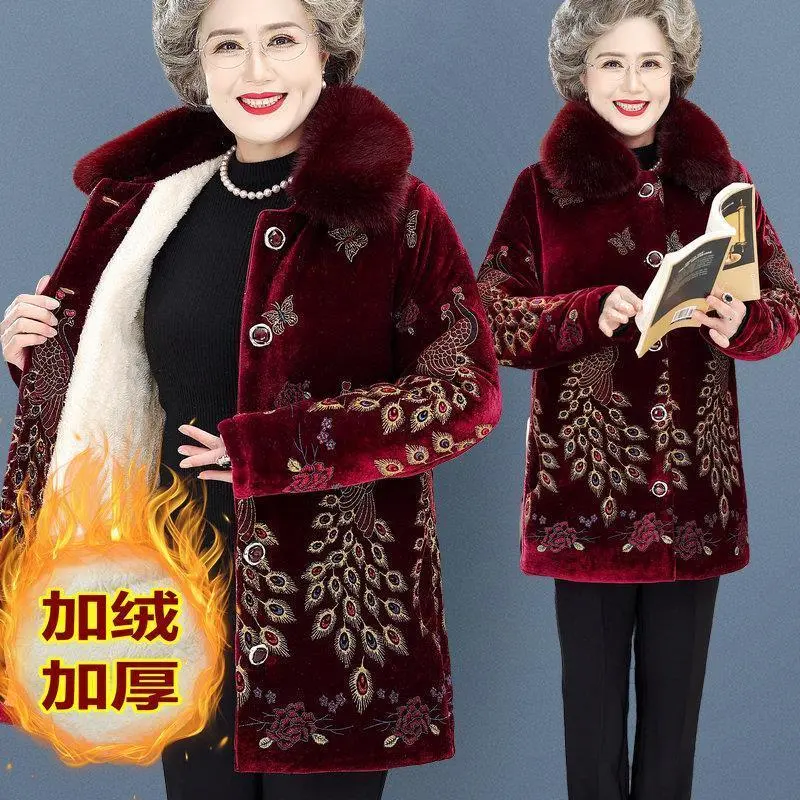 Quần áo mùa đông, dành cho phụ nữ lớn tuổi, Váy bông, Quần áo của bà, Áo khoác đệm bông mùa đông, Áo khoác lót lông cừu dành cho mẹ, Áo khoác cổ áo lông dày, Thích hợp cho người già, Áo khoác đệm bông Top Women Jacket 0