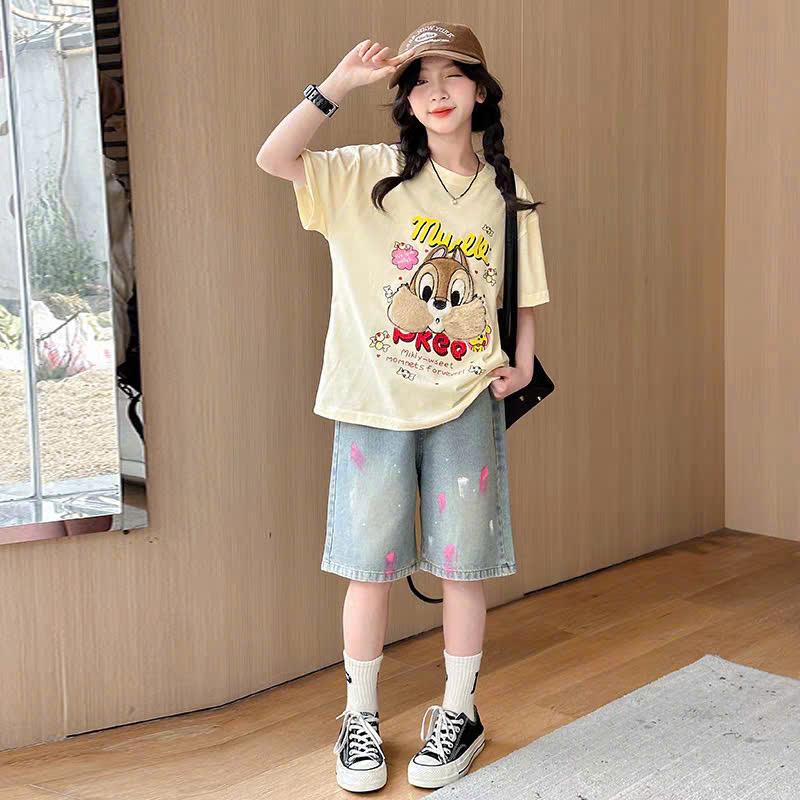 Set Bộ Áo Phông Sóc Và Tim Trắng  Mix Quần Jean Ngố Cá Tính Năng Động Cho Bé Gái, Set ngôi Sao, Set Gâú  Rút Dây Cotton, Size 20-45kg