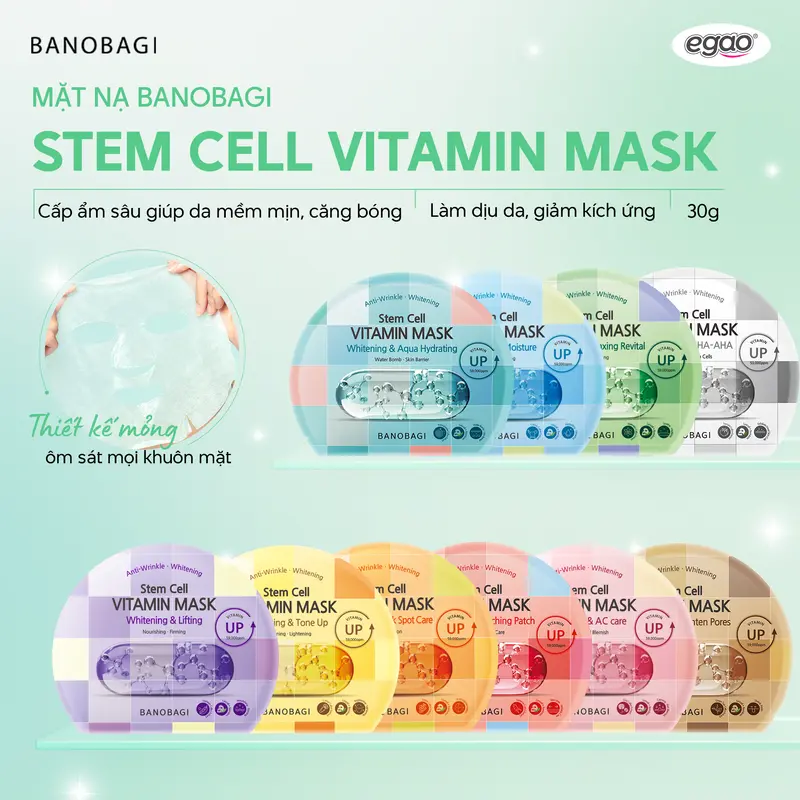 Combo 5 Miếng Mặt nạ Banobagi Hỗ trợ Làn Da Tươi Sáng và Rạng Rỡ, Stem Cell Vitamin Mask Whitening 150g (5 miếng) - Egao 3