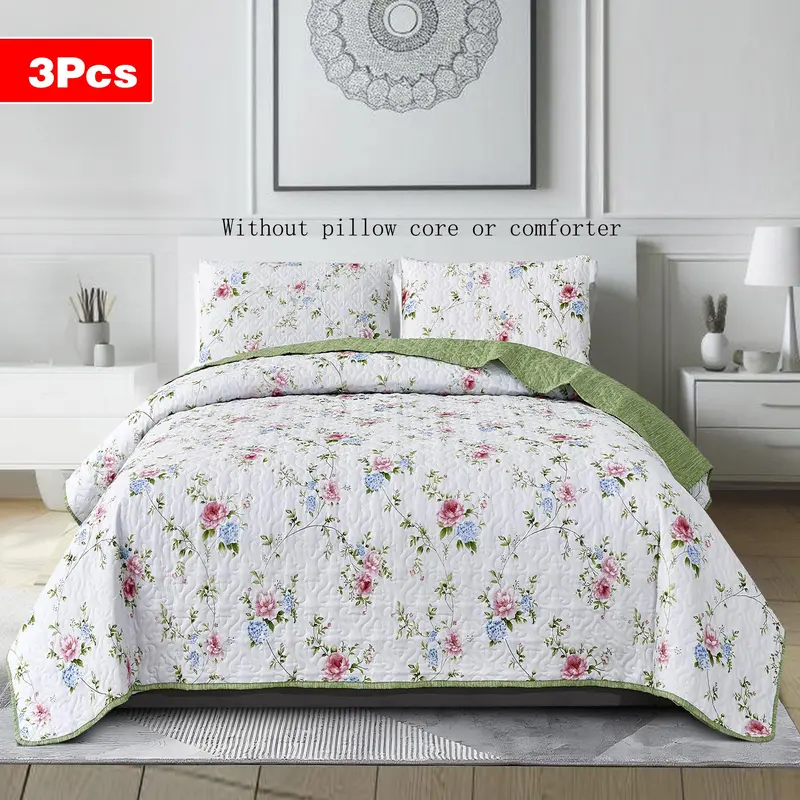 Floral Print Bedspread Set, 1 Count Bed Cover & 2 Counts Pillowcase without Filler, Soft Comfortable Bedding Set for Home Bedroom 2