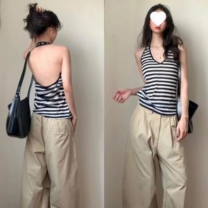 เสื้อชั้นในคอเชือกแขวนคอ สไตล์อเมริกัน ลายทาง เปลือยหลัง สำหรับผู้หญิง ใส่หน้าร้อน ใหม่ 2025 สามารถใส่ด้านในและด้านนอก เสื้อแขนกุดสาวฮอตหวาน