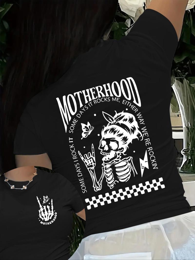 Product Introduction of Plus Size Skull & Letter Print Round Neck Tee, Plus Trendy Casual Short Sleeve Graphic T-Shirt for Daily Wear, Ladies Plus Clothing for Summer 1