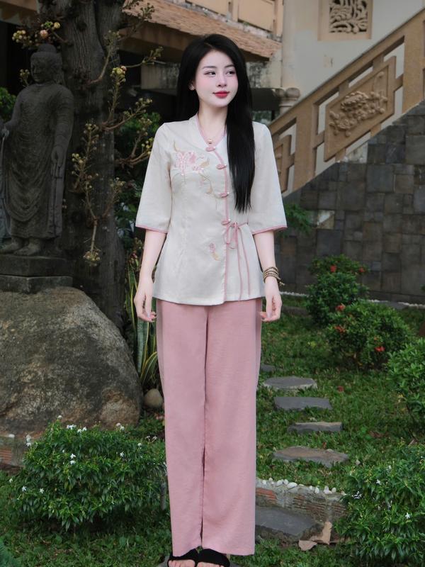 Tinh Nhi đồ lam đi lễ cúc chéo thêu hoa tiểu thư thanh lịch PP220 Nhung Áo Nữ Top Women 2