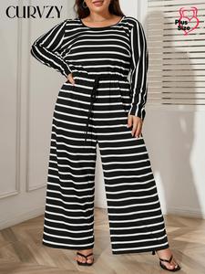 CURVZY Plus Size Autumn Aesthetic Striped Print Tie Front Pocket Wide Leg Jumpsuit, Casual Long Sleeve Keyhole Neckline Jumpsuit for Spring & Fall, Women's Clothes for Daily Wear