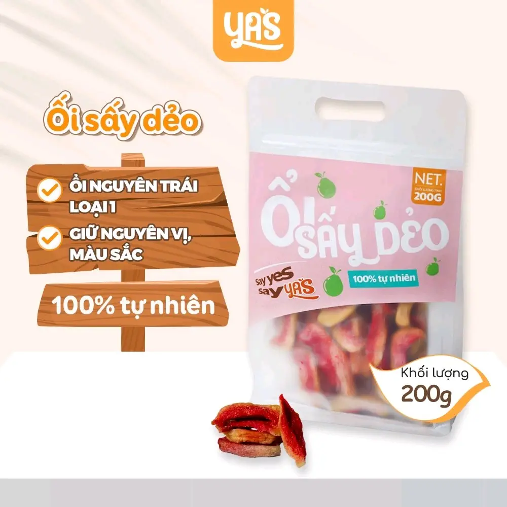 Ổi sấy dẻo YAS túi 200g - Sử dụng công thức độc quyền để giữ trọn hương vị của trái cây Ít chất béo Lượng đường thấp Vị trái cây Tự nhiên có Vị Chua, thích hợp Snack Food Ăn Vặt