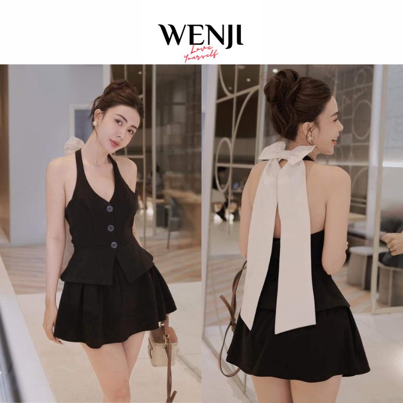Set Áo Gile Cổ Yếm Đính Nơ Phối Chân Váy Xếp Ly Nữ WENJI STORE Set Đồ Nữ Hở Lưng Sang Chảnh Đi Chơi Dự Tiệc Đi Làm