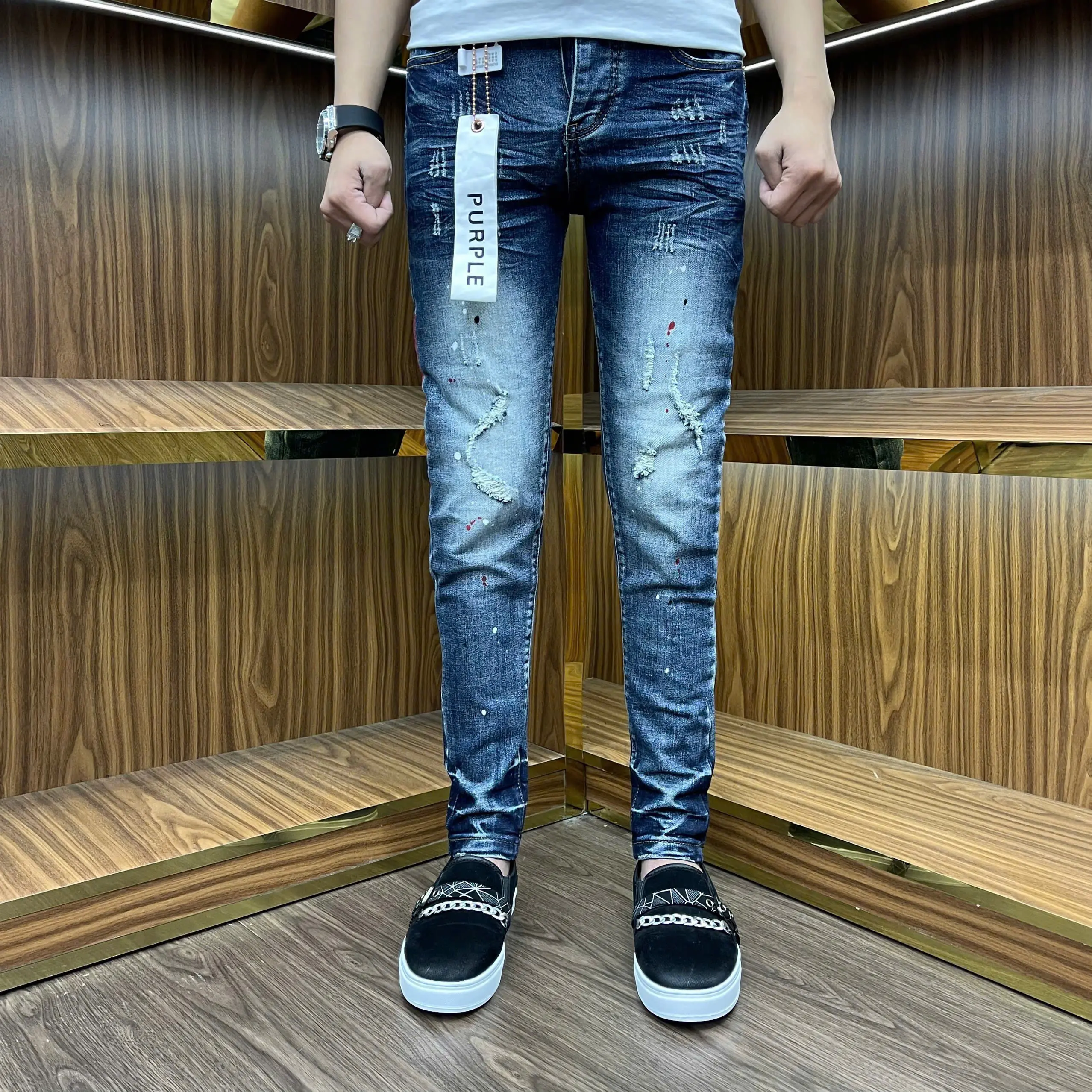 quần jeans nam xanh pơ pồ rêu cào xù bốn cúc tang lụa