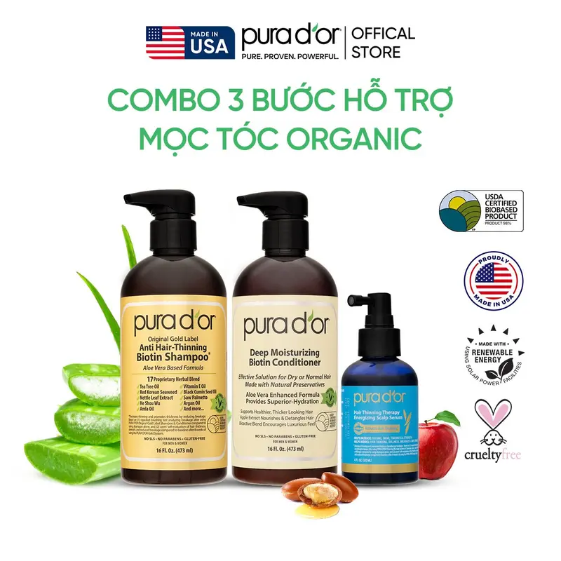 Combo 3 Bước Dầu Gội, Dầu Xả, Giảm Rụng Tóc Organic Pura D'or Biotin Gold Label 473ML | Chăm Sóc Tóc, Chăm Sóc Da Đầu, Dưỡng Tóc, Hỗ Trợ Mọc Tóc - Mega livestream 0