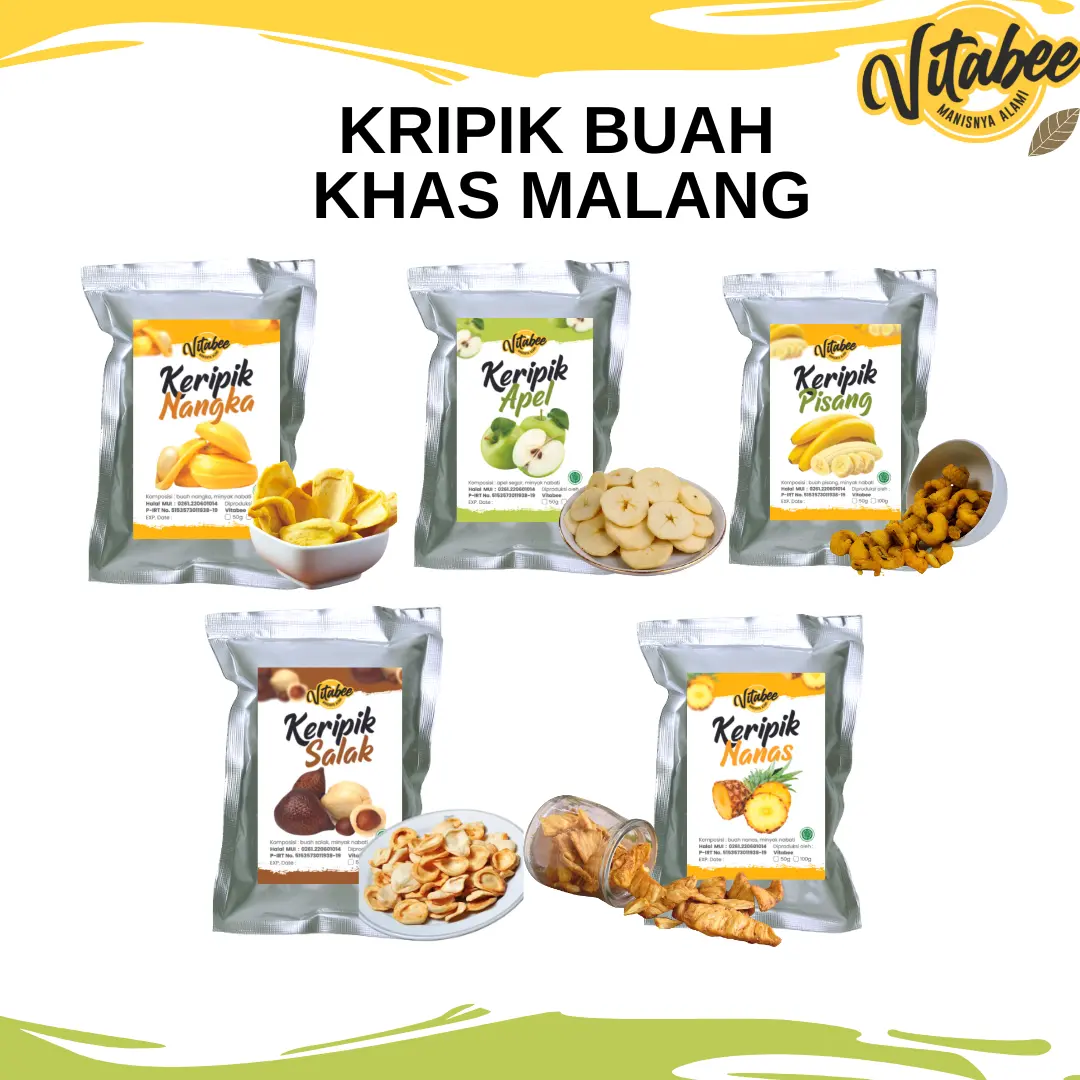 Vitabee Keripik Kripik Buah Nangka Apel Salak Nanas Mangga Rambutan 100 gram Khas Kota Malang - Garansi Renyah BISA COD Food Snacks Cemilan Manis