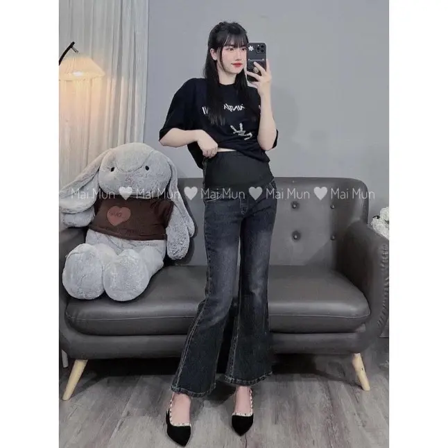 Quần bầu jeans ống loe hai màu - Quần có đáp bụng tiện lợi
