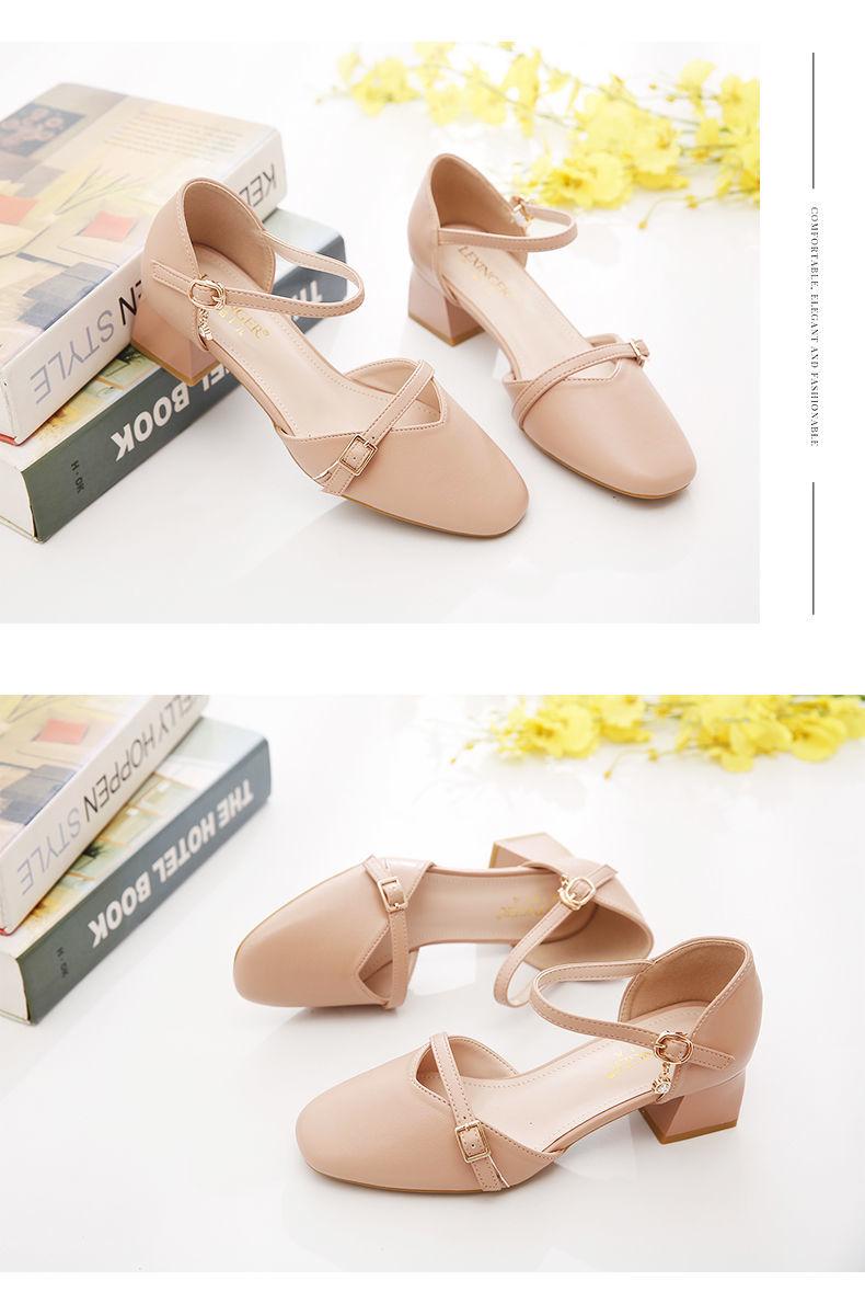 Product Introduction of Toe Box Shoes Women's High Heels Mid Heel Summer Chunky Heel Square Toe Hollowed Sandals Buckle All-Match Shallow Mouth Low Heel Shoes 14