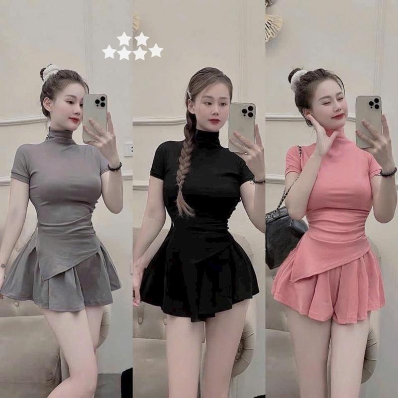 Set tăm 2 món gồm áo tay ngắn vạt chéo mix chân váy ngắn lưng thun xinh