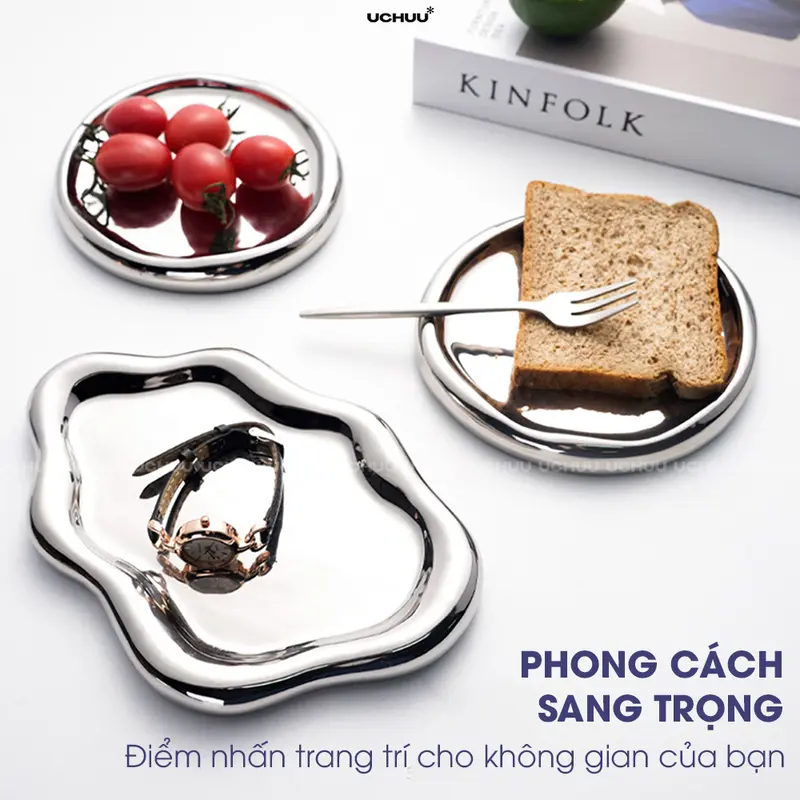 Khay Sứ Mạ Bạc Cao Cấp UCHUU, Đĩa Viền Dày Đựng Trang Sức, Đồ Ăn, Background Chụp Ảnh, Decor Phòng 6