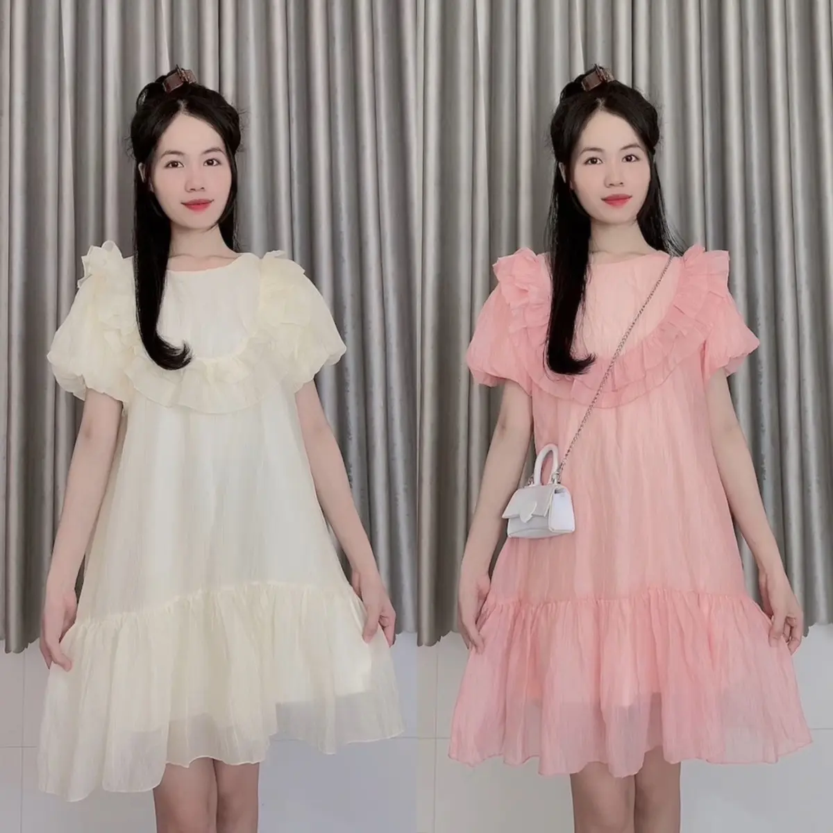 Đầm babydoll cổ bèo tay bồng bèo tầng đuôi cá - Haly Dress